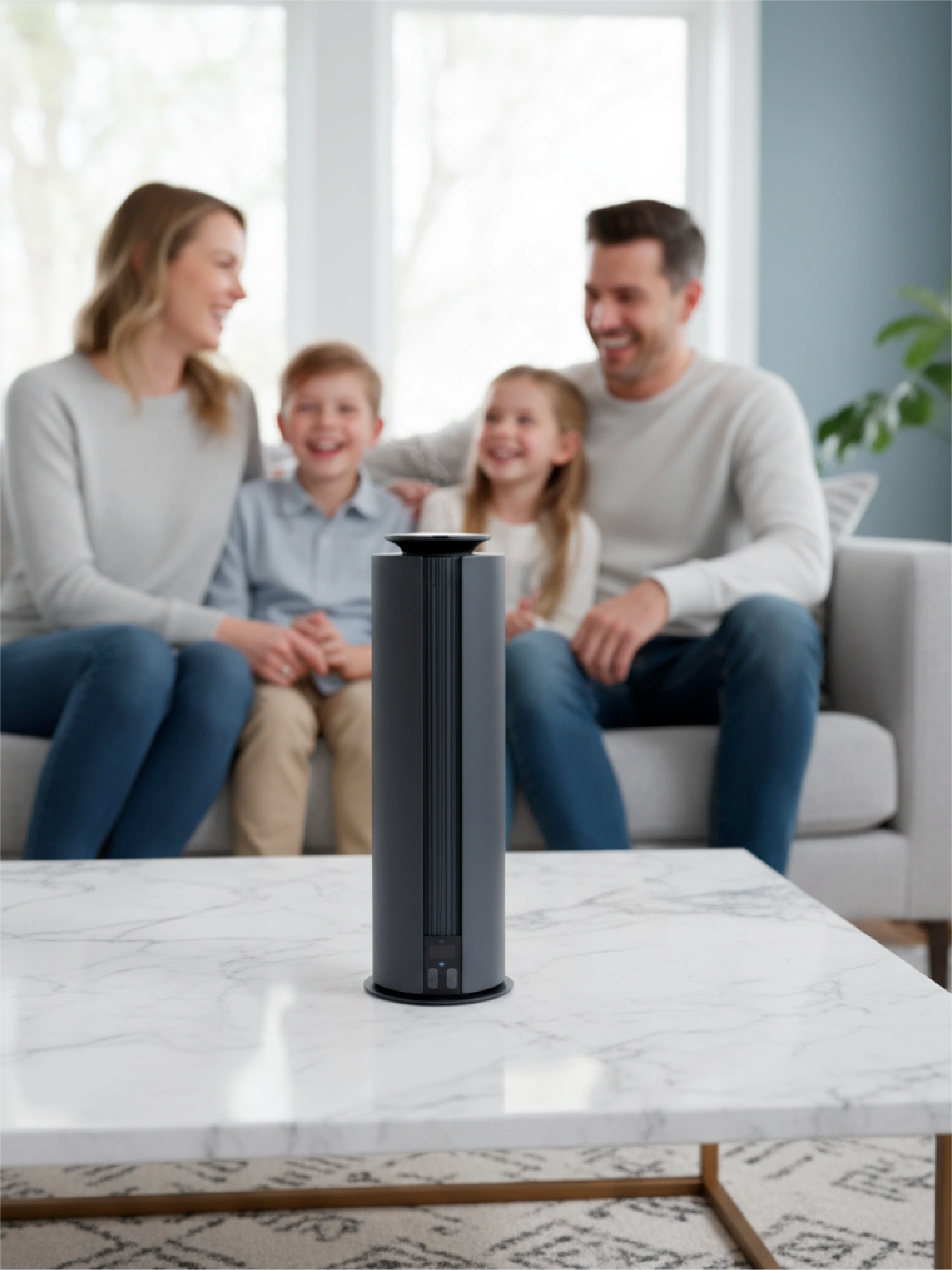 Family sitting on a couch with a Spire wireless scent diffuser on a coffee table in the foreground