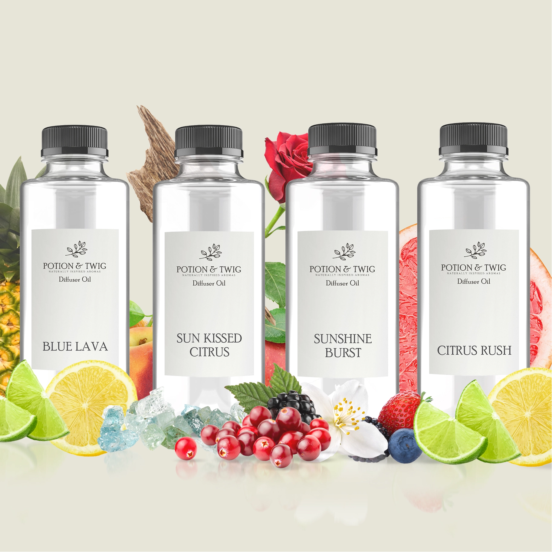 Four bottles of Potion & Twig diffuser oil with labels "Blue Lava", "Sun Kissed Citrus", "Sunshine Burst", "Citrus Rush" with scent notes in the  background