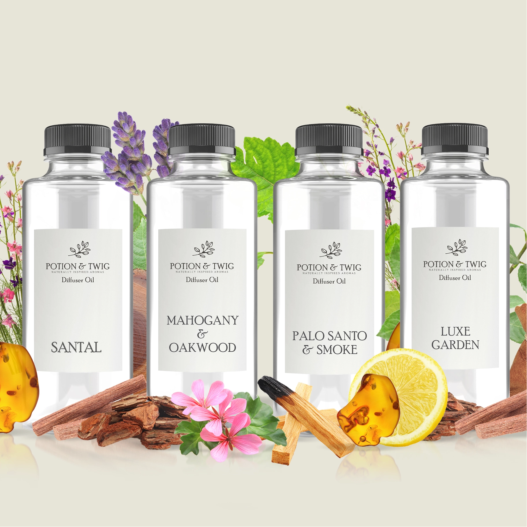 Four bottles of Potion & Twig diffuser oil with labels "Santal", "mahogany & Oakwood", "Palo Santo & Smoke", "Luxe Garden" with scent notes in the  background