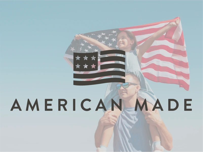 Two people holding an American flag with 'American Made' text on a light blue background