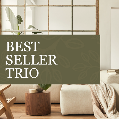 Living room with a 'Best Seller Trio' text overlay on a green banner.