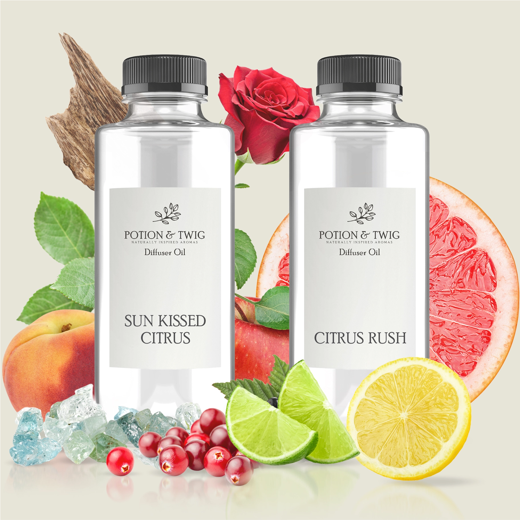 Two bottles of Potion & Twig diffuser oil with "Sun Kissed Citrus" and "Citrus Rush". on a light background with scent notes around them.