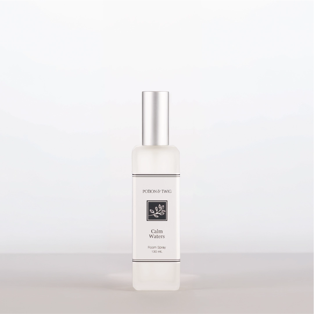 Room Spray bottle labeled 'Calm Waters' by Potion & Twig on a white background