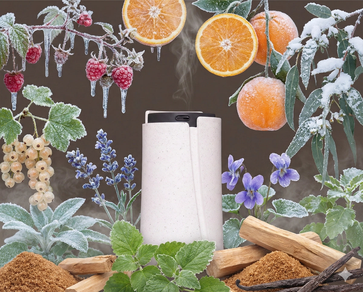 White Diffuser surrounded by scent notes of fruit, florals, wood, frozen to display the cold scents.