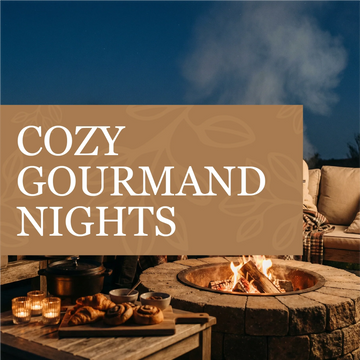 Collection of Cozy Gourmand Nights scented candles with vanilla, cinnamon, and fireside aromas