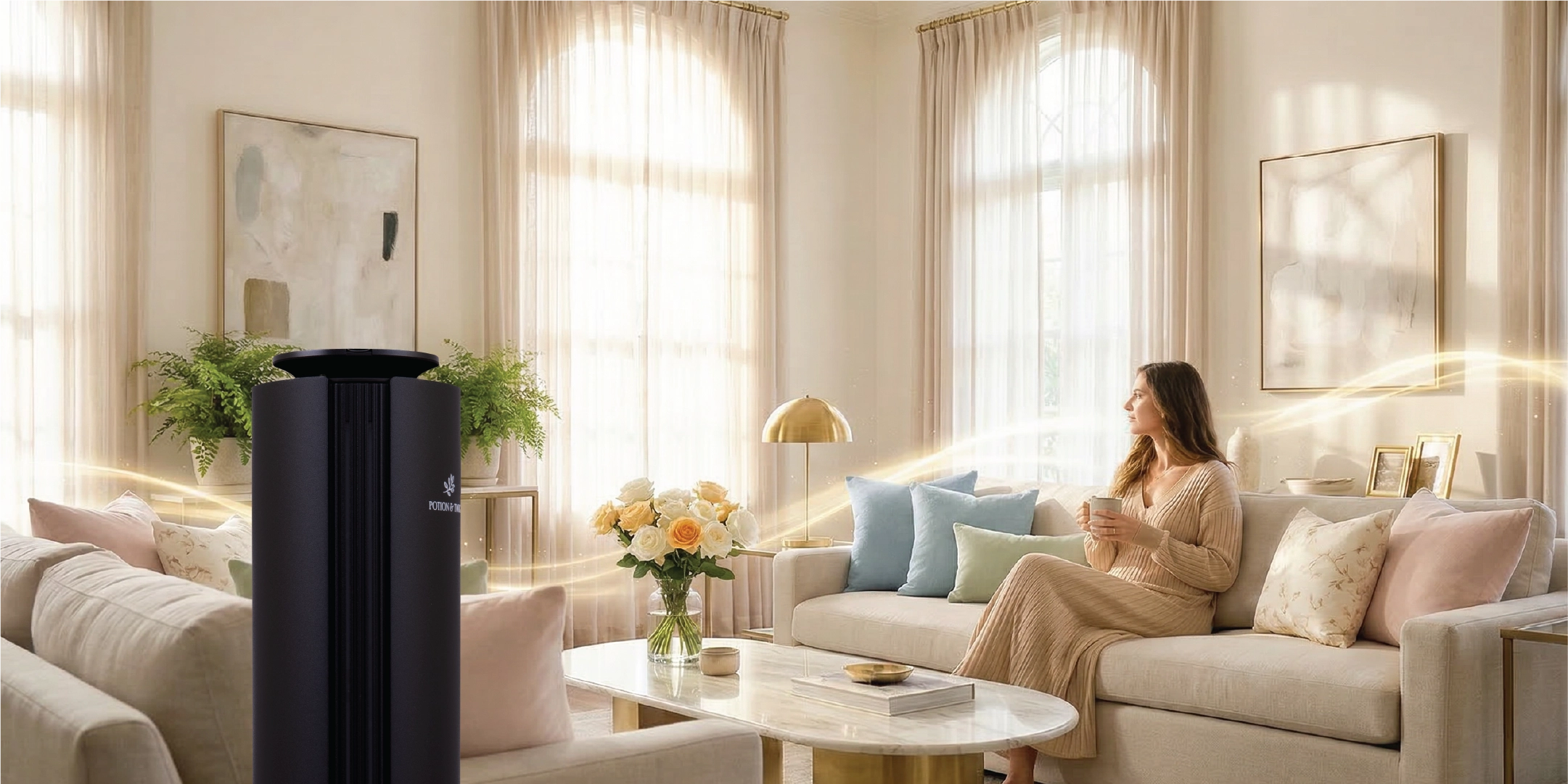 Woman sitting on a couch in a bright living room with a black air purifier.