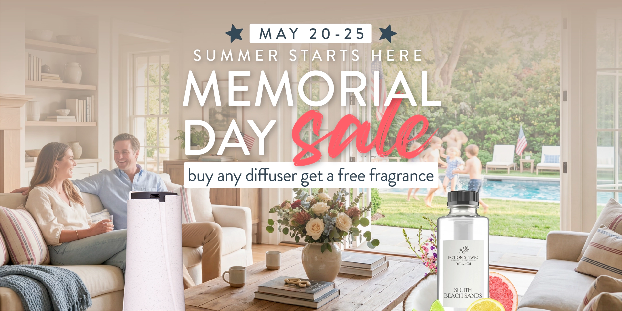 Advertisement for a Memorial Day sale featuring diffusers and a family in a living room.