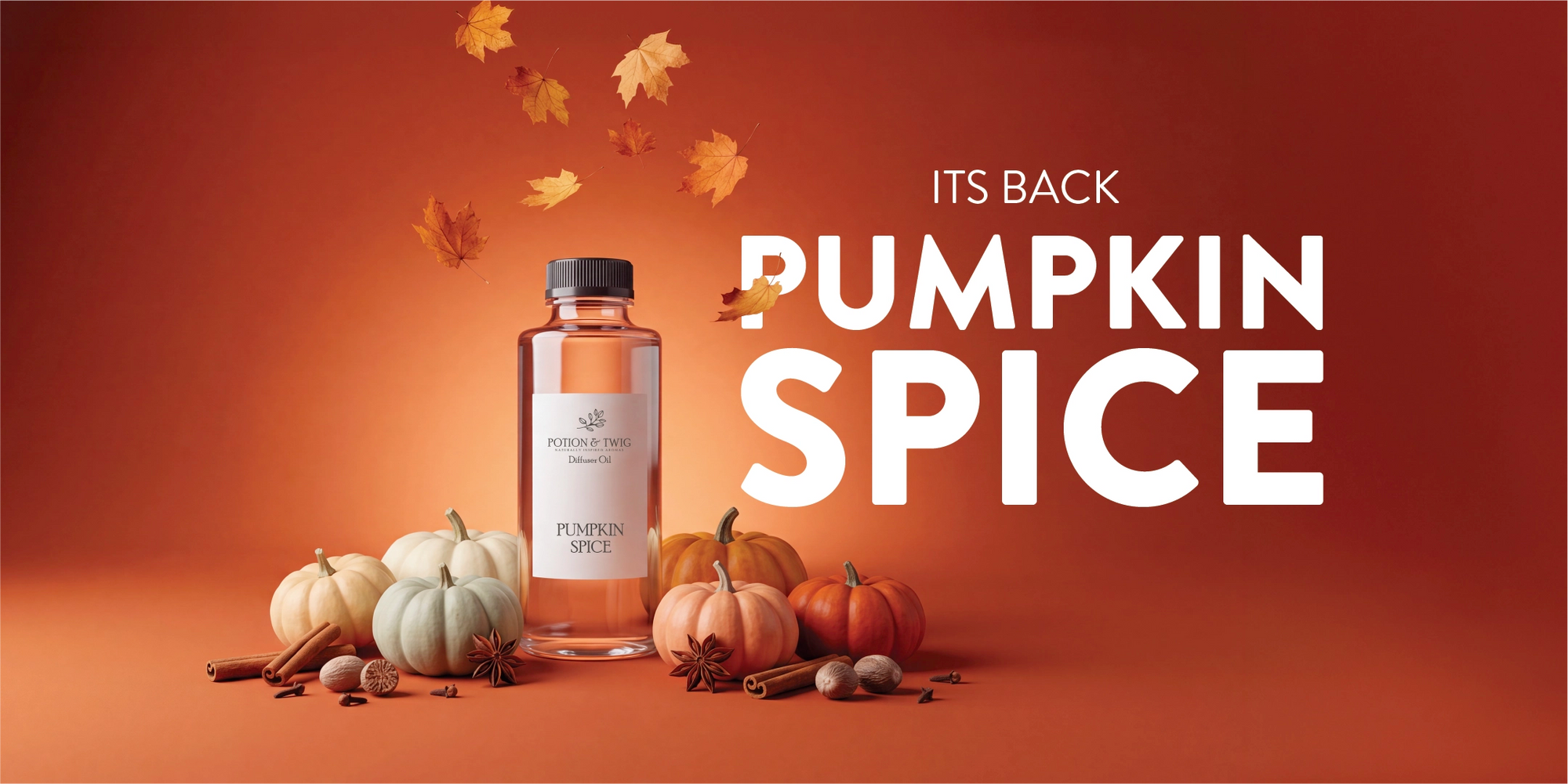 A bottle of pumpkin spice centered on a warm orange-brown background with large white text reading 'ITS BACK PUMPKIN SPICE.' Small pumpkins, cinnamon sticks, and falling leaves are arranged around the bottle.