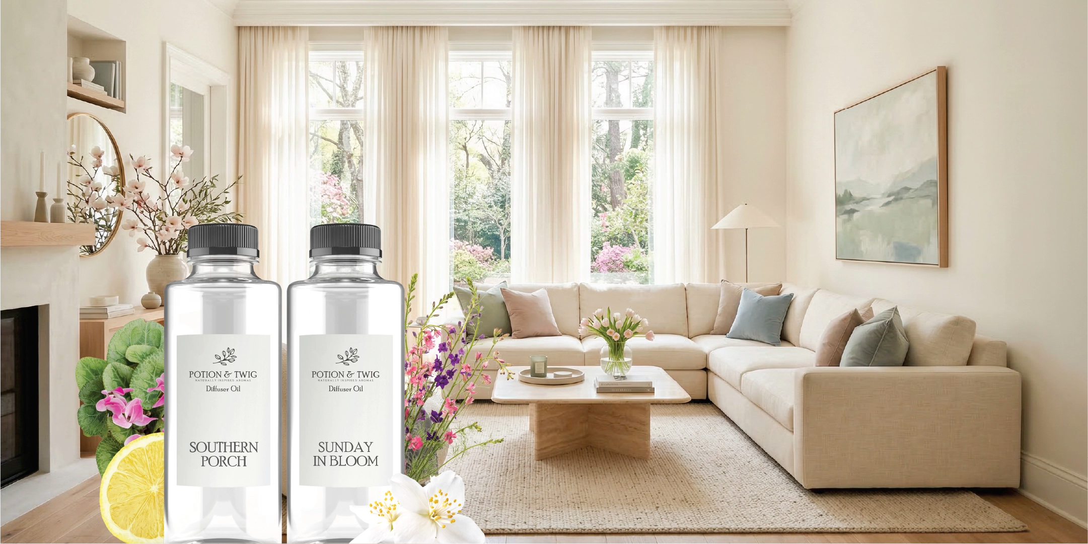 Luxurious living room decorated for spring with the two diffuser oil fragrances Southern Porch and Sunday in Bloom