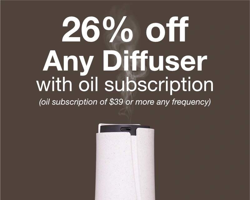 Promotional offer for 26% off a diffuser with oil subscription on a brown background