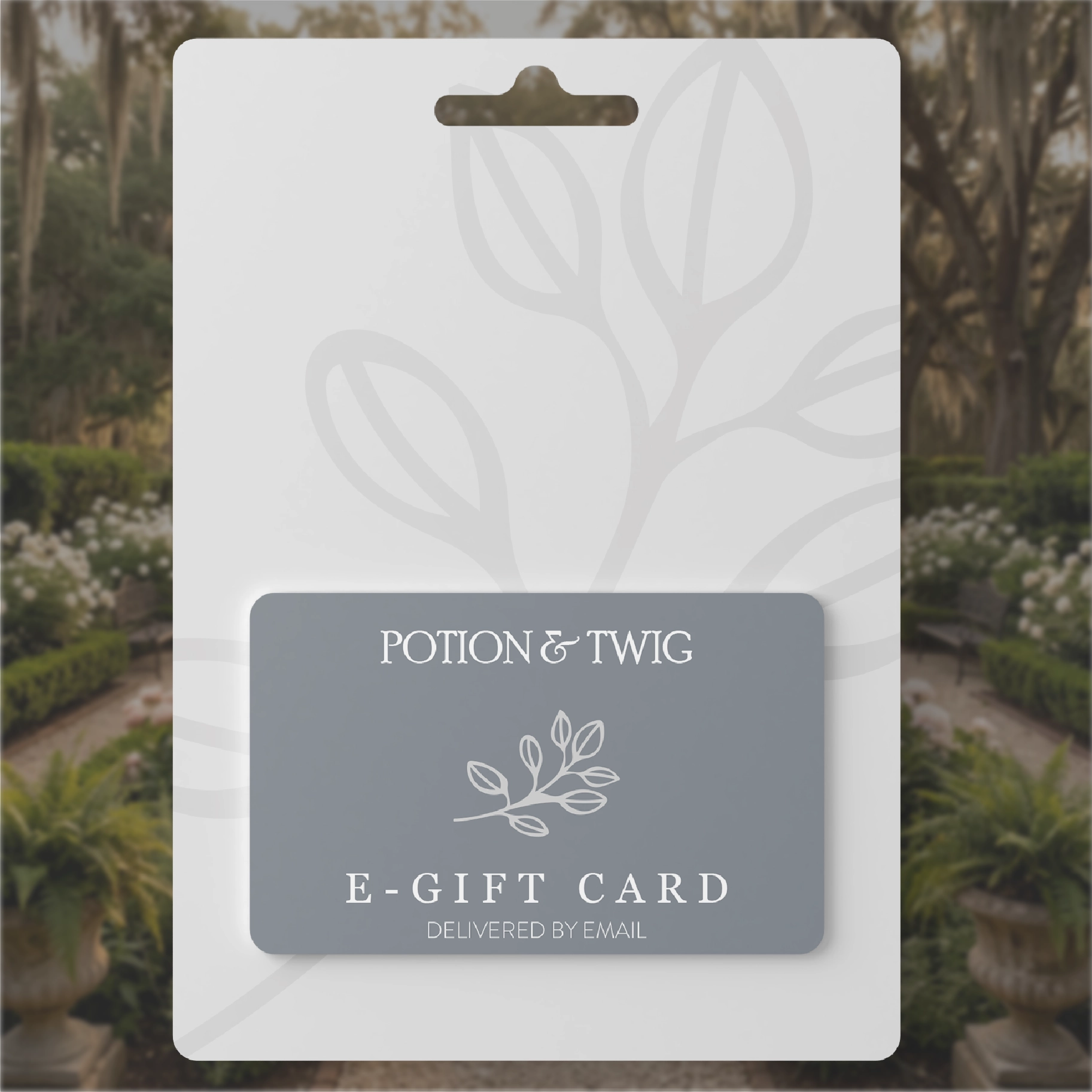 Potion & Twig e-gift card packaging with a garden background
