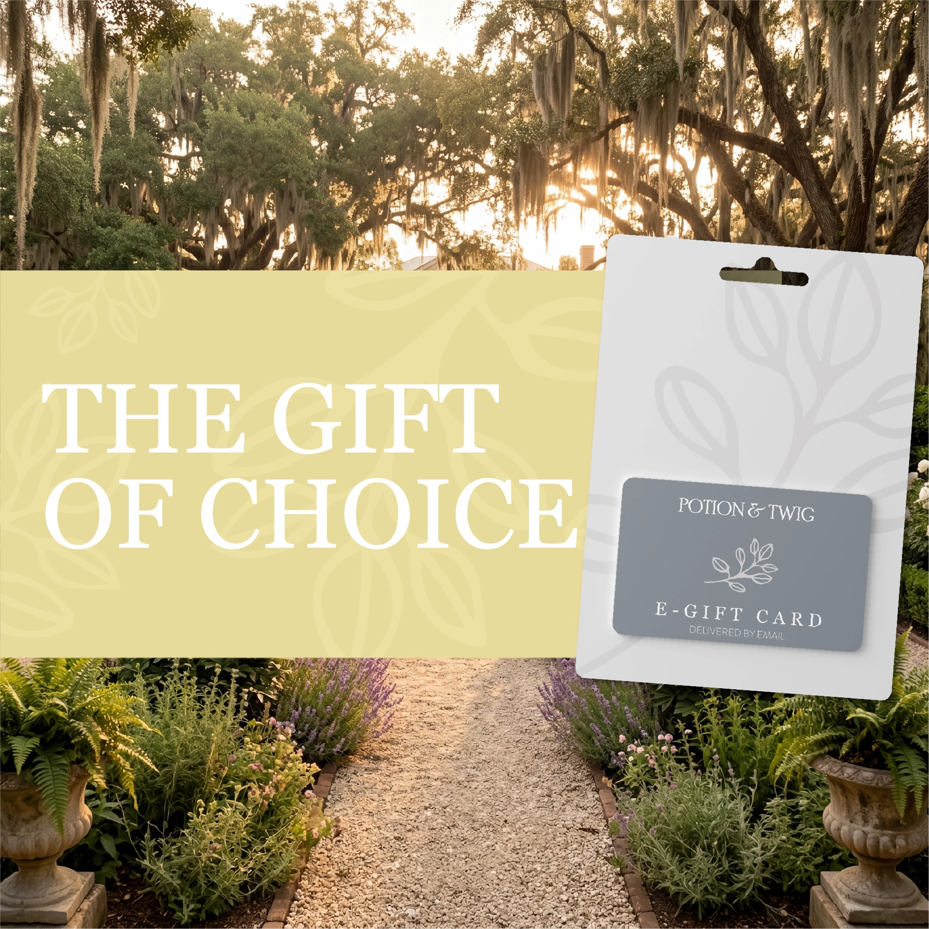E-gift card packaging with garden scenery and 'The Gift of Choice' text