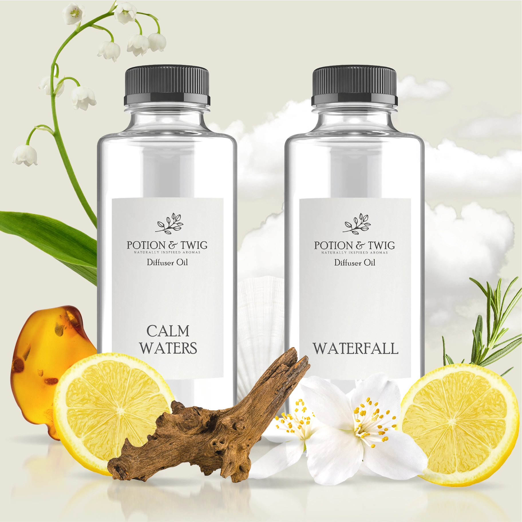 Two bottles of Potion & Twig diffuser oil with "Calm Waters" and "Waterfall". on a light background with scent notes around them.