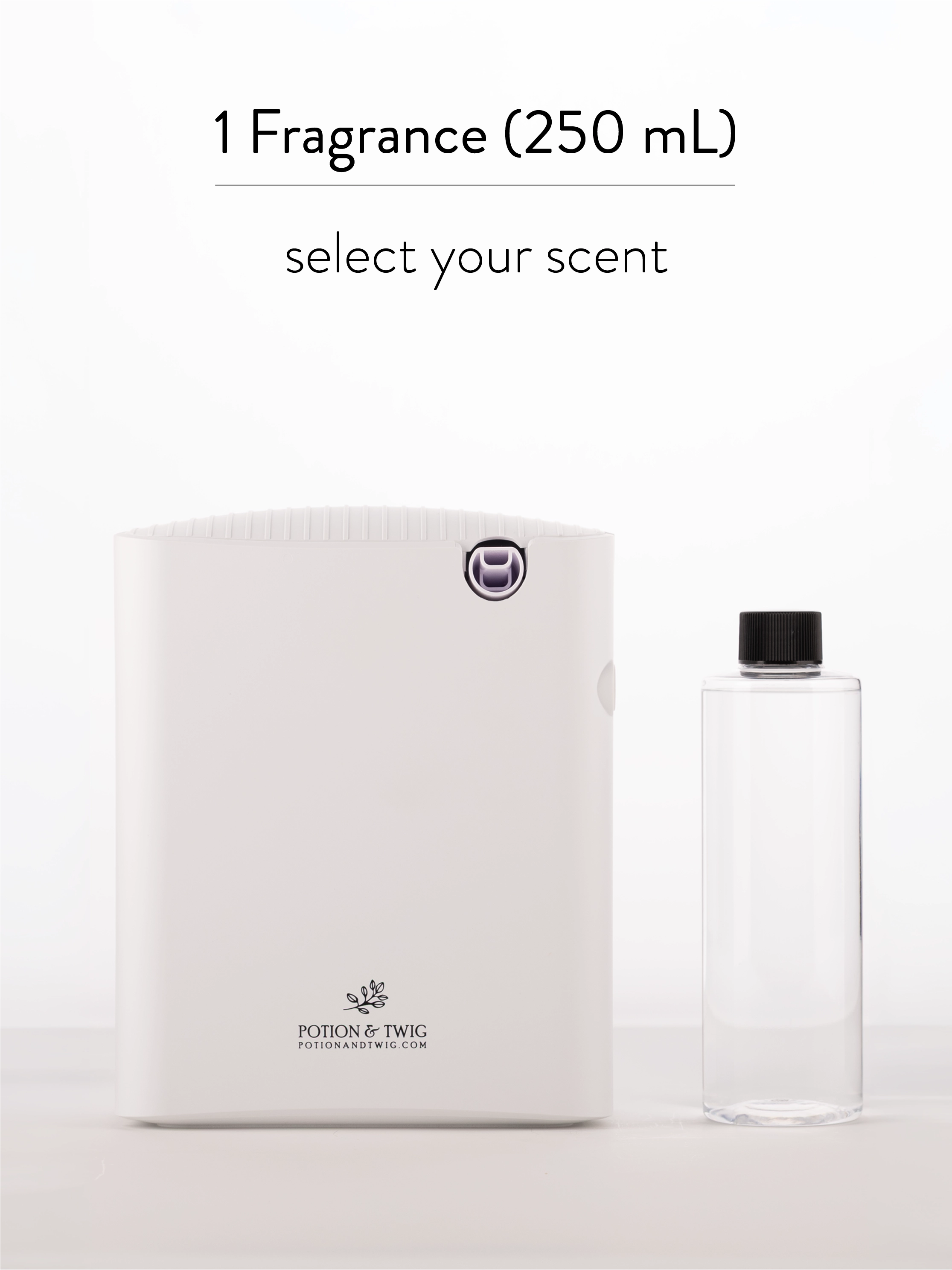 White square scent diffuser with 'Potion & Twig' logo branding and a clear bottle of diffuser oil