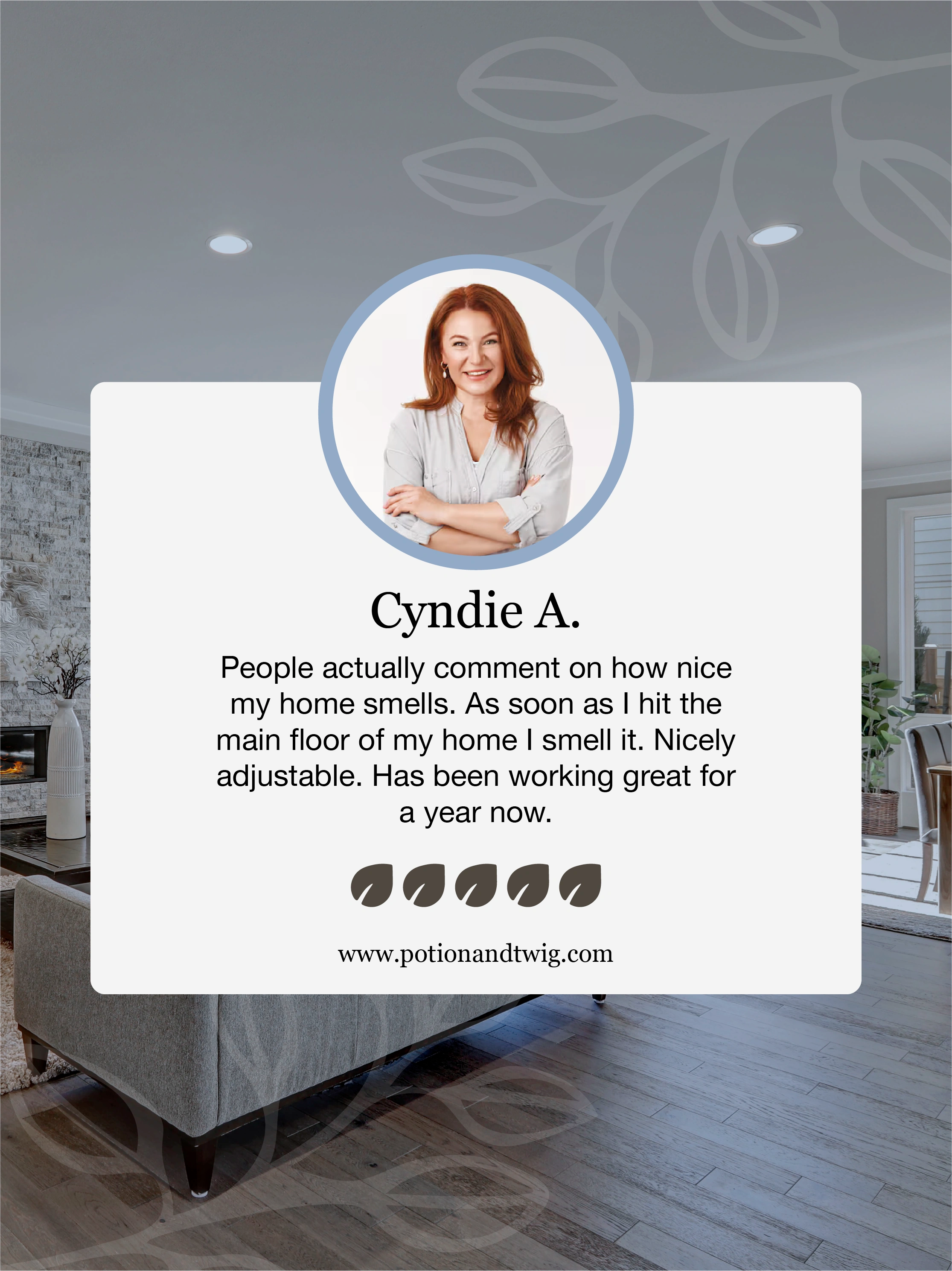 Product review card with a woman's face and text about a home product in a living room setting.