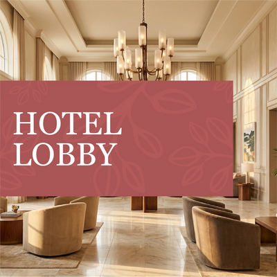 Luxurious hotel lobby with seating area and chandelier, featuring a maroon banner with 'HOTEL LOBBY' text.
