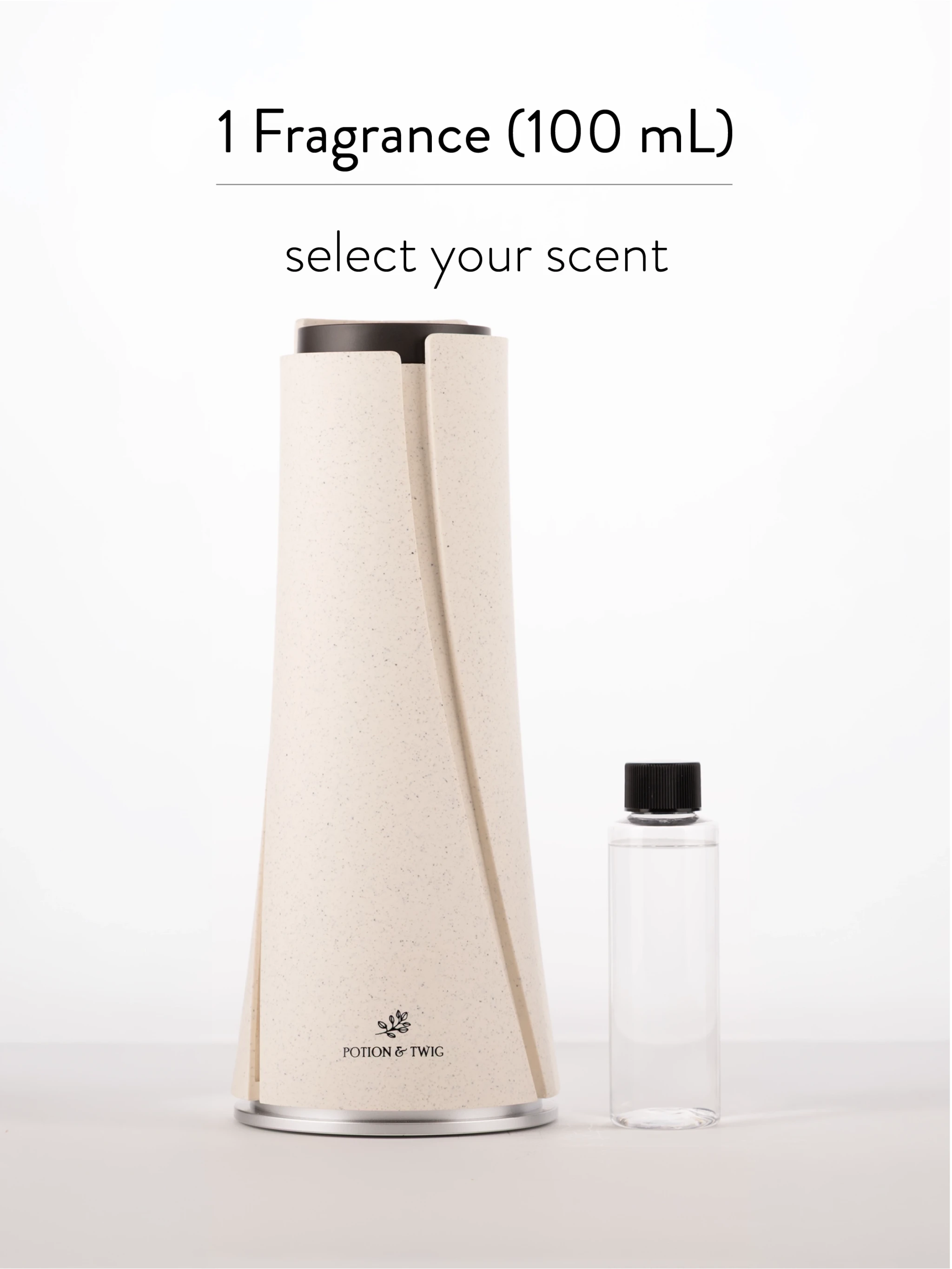 White tower diffuser with a clear bottle of scent diffuser oil on a white background
