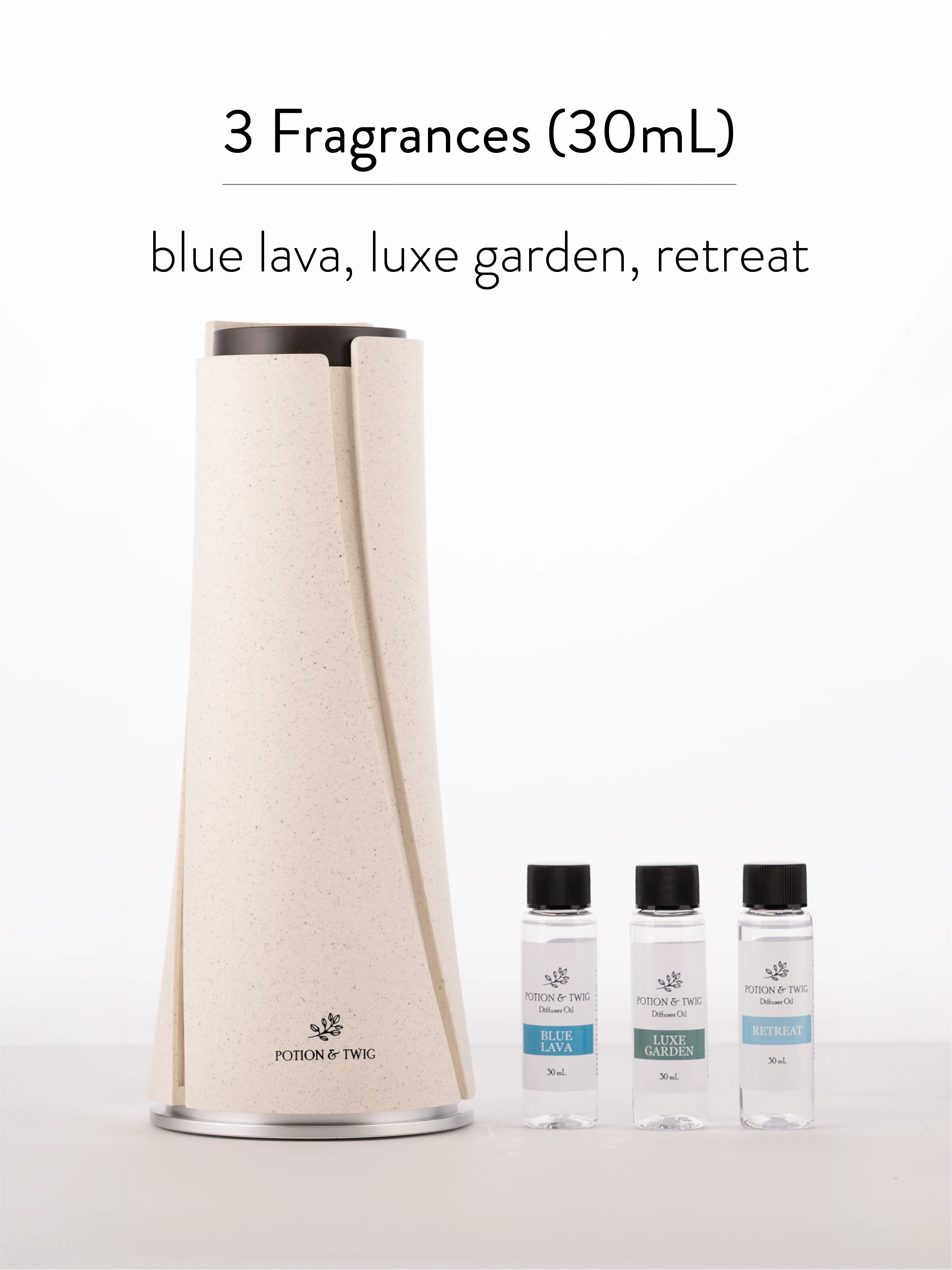 Lumen Starter Pack with diffuser and three best selling oils Retreat, Luxe Garden, and Blue Lava on a white background