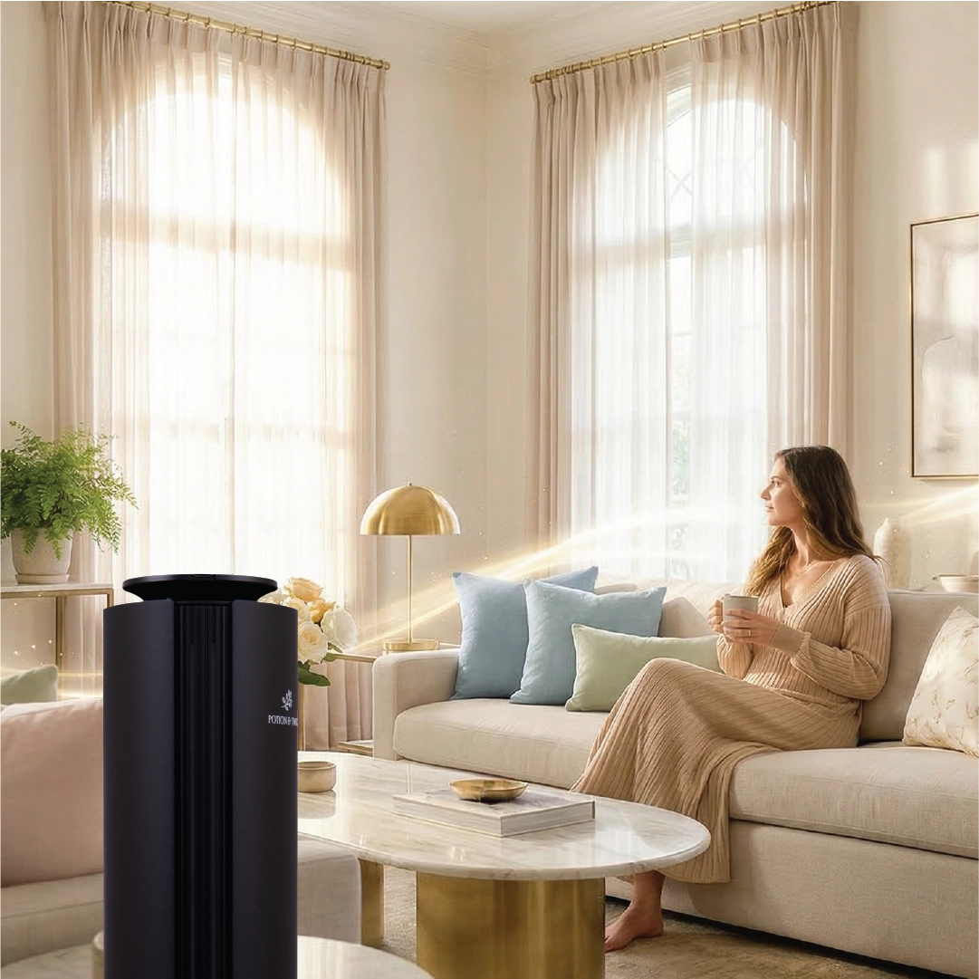 Woman sitting on a couch in a bright living room with a black cylindrical object on a table.