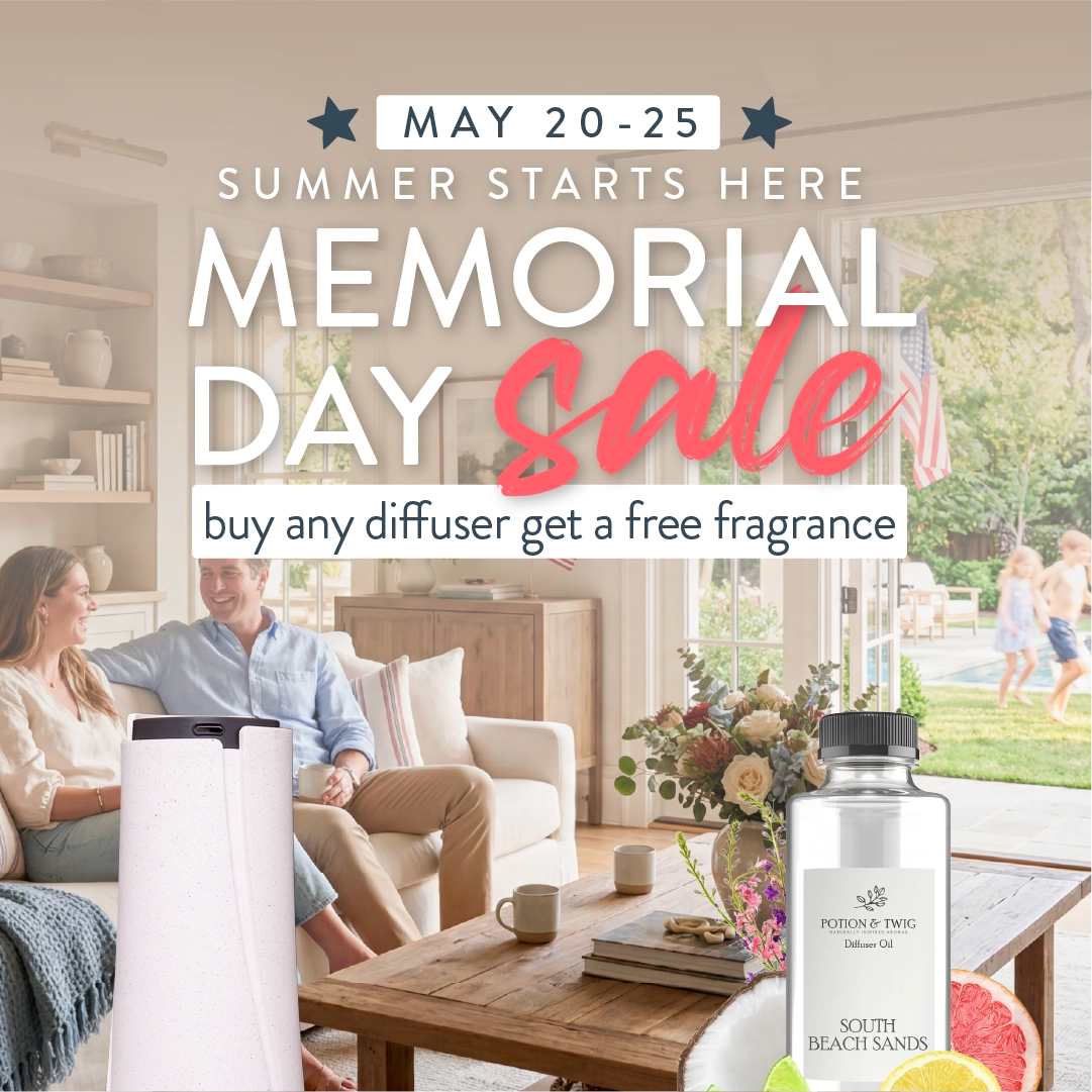 Advertisement for a Memorial Day sale featuring diffusers in a home setting.