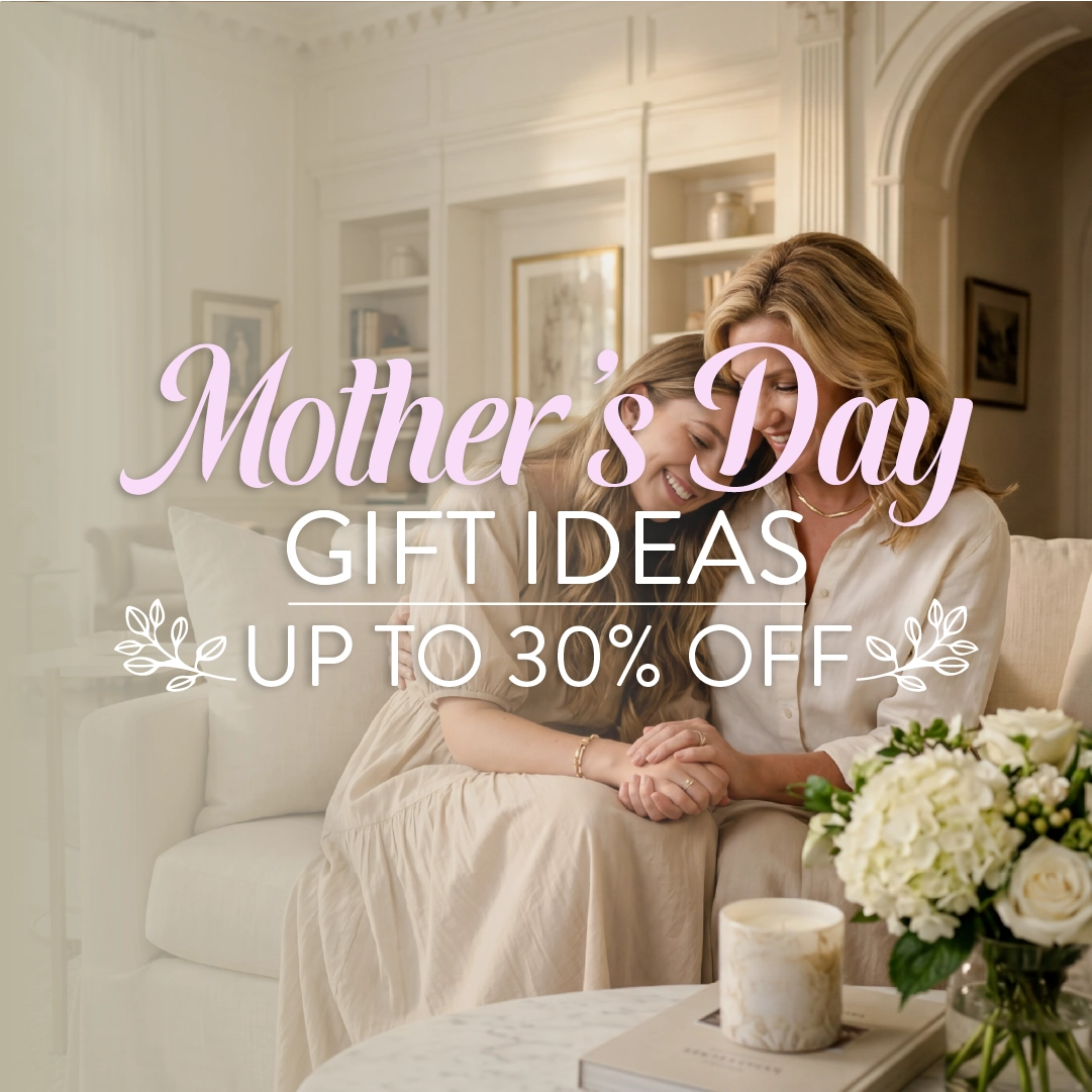 Two women sitting on a couch with a Mother's Day gift ideas advertisement overlay.