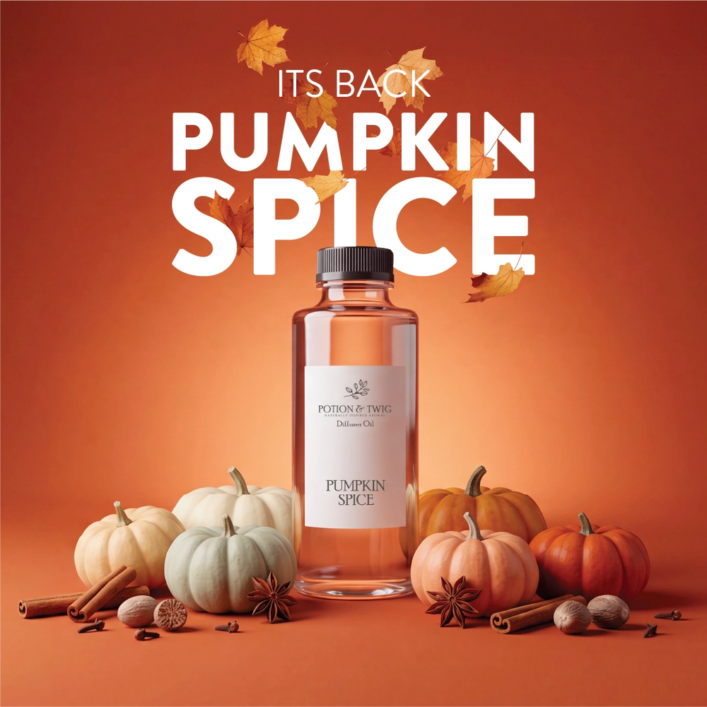 A bottle of Pumpkin Spice liquid centered on an orange-brown background, surrounded by small pumpkins, cinnamon sticks, star anise, and large white text reading 'ITS BACK PUMPKIN SPICE'. The product label shows the brand name 'Pumpkin Spice' and 'Dilworth Co'.