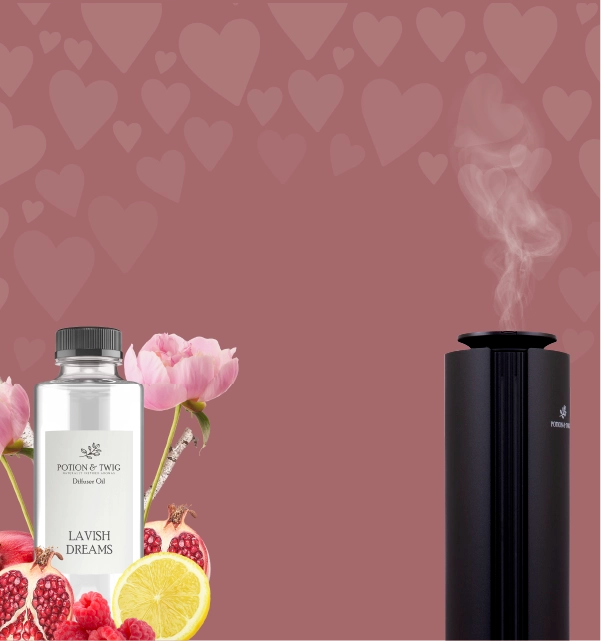Lavish Dreams diffuser oil next to Spire diffusers with flowers and fruits on a heart-patterned background