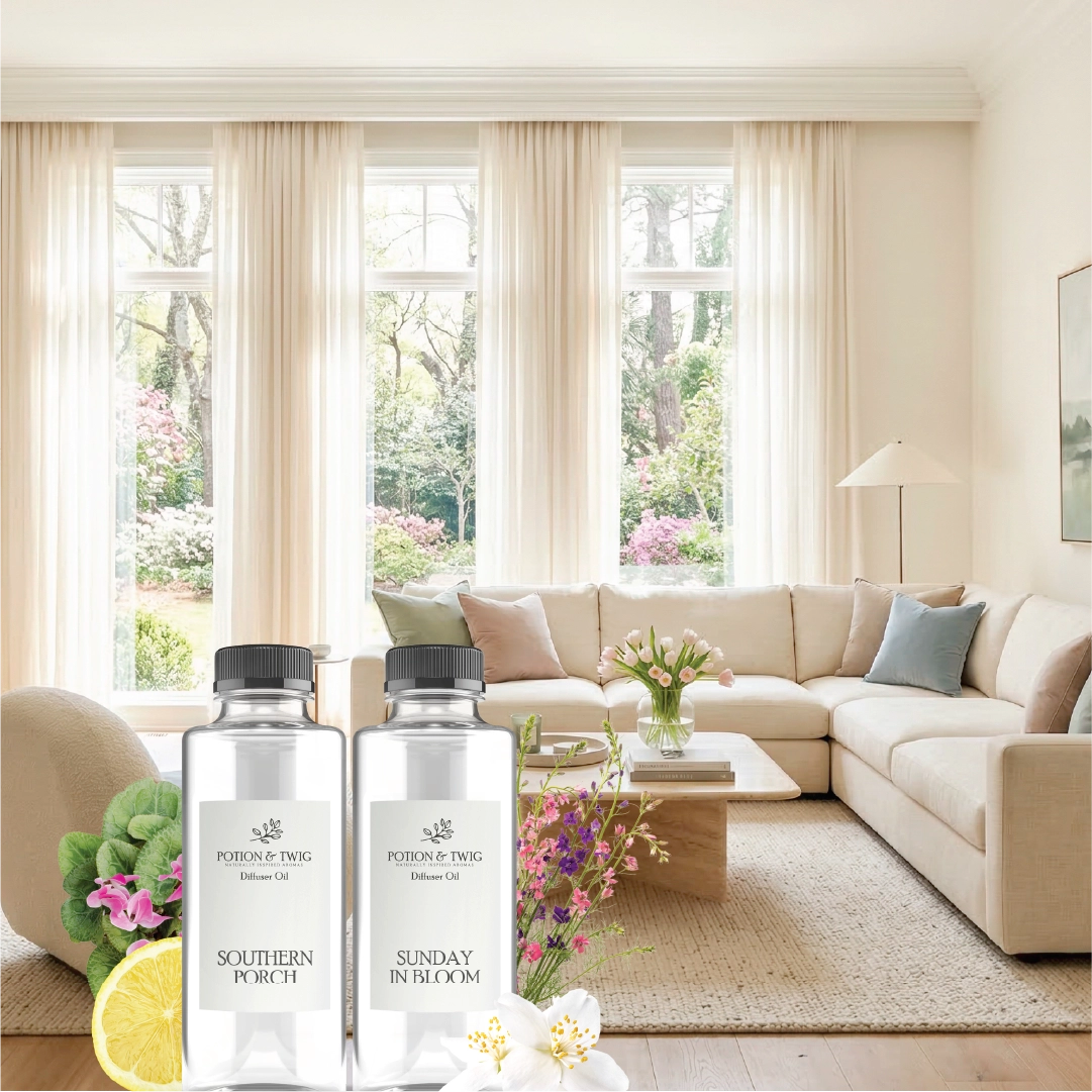 Luxurious living room decorated for spring with the two diffuser oil fragrances Southern Porch and Sunday in Bloom