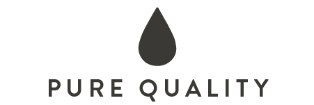 Logo with a droplet icon and 'PURE QUALITY' text on a white background