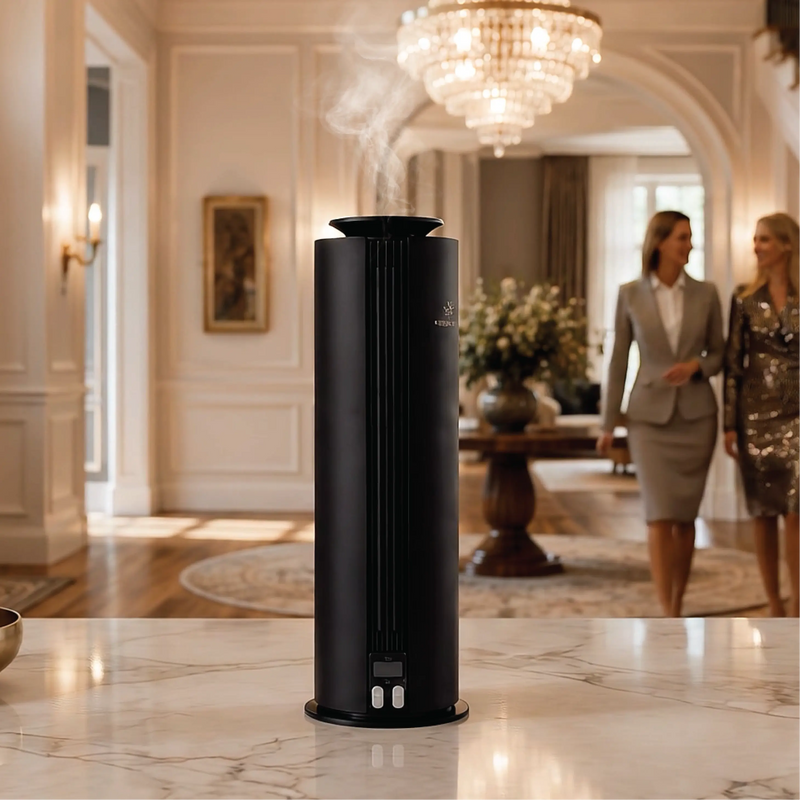 A sleek black Cold-Air Diffuser misting luxury fragrance, placed on a polished marble countertop in a luxurious, upscale home interior with a chandelier, archway, and two women in the background.