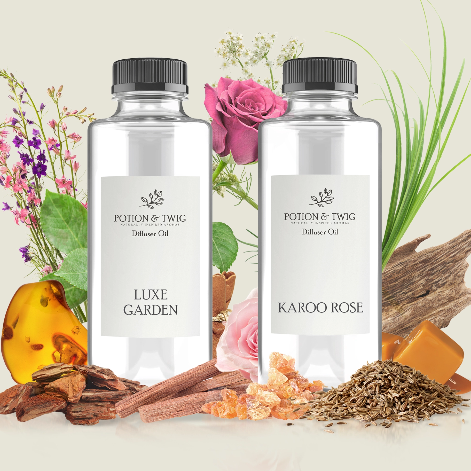 Two bottles of Potion & Twig diffuser oil with "Luxe Garden" and "Karoo Rose". on a light background with scent notes around them.
