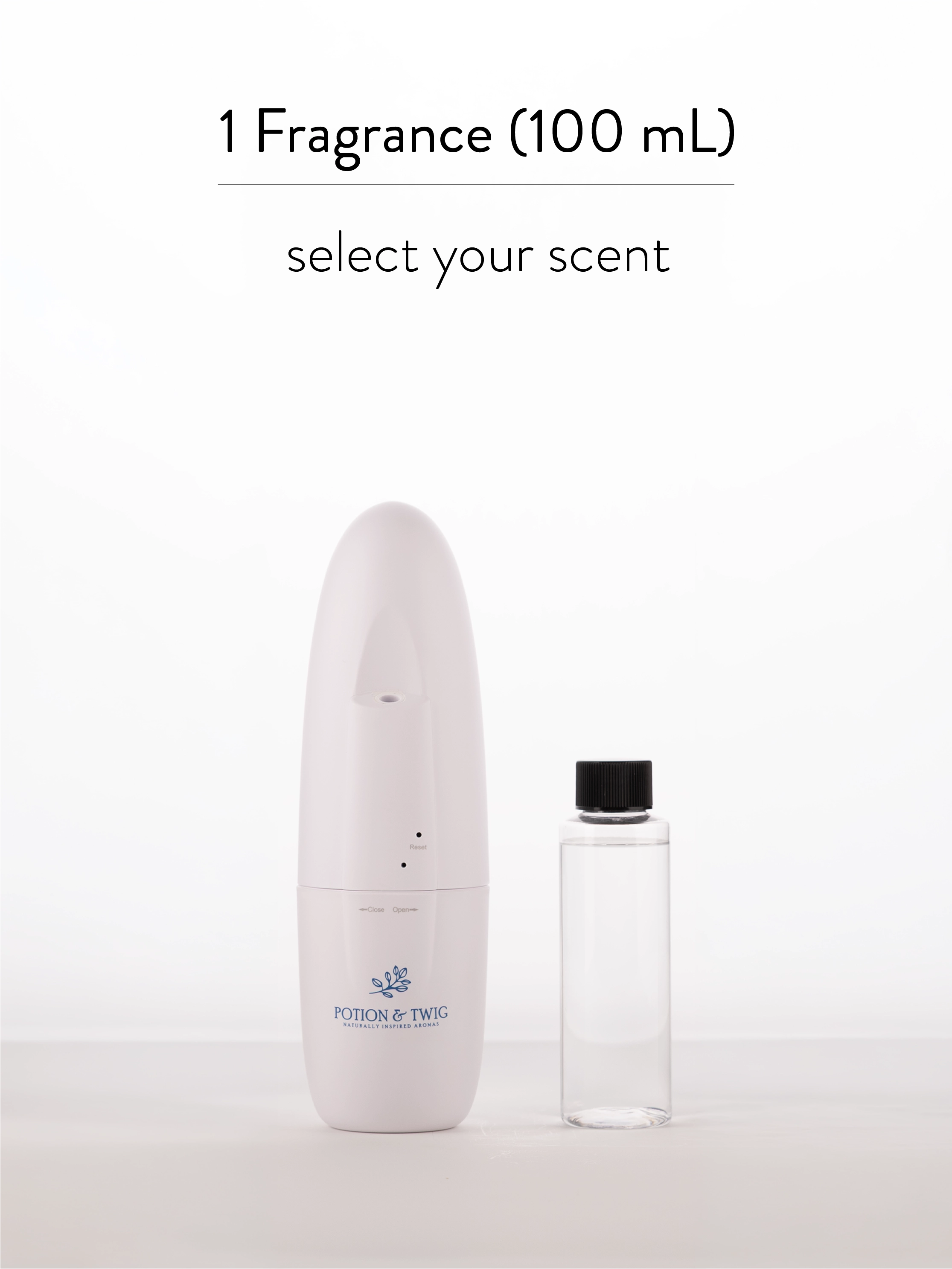 Sienna wall plug in diffuser with a bottle of fragrance oil on a white background. With the text 1 Fragrance (100mL) select your scent