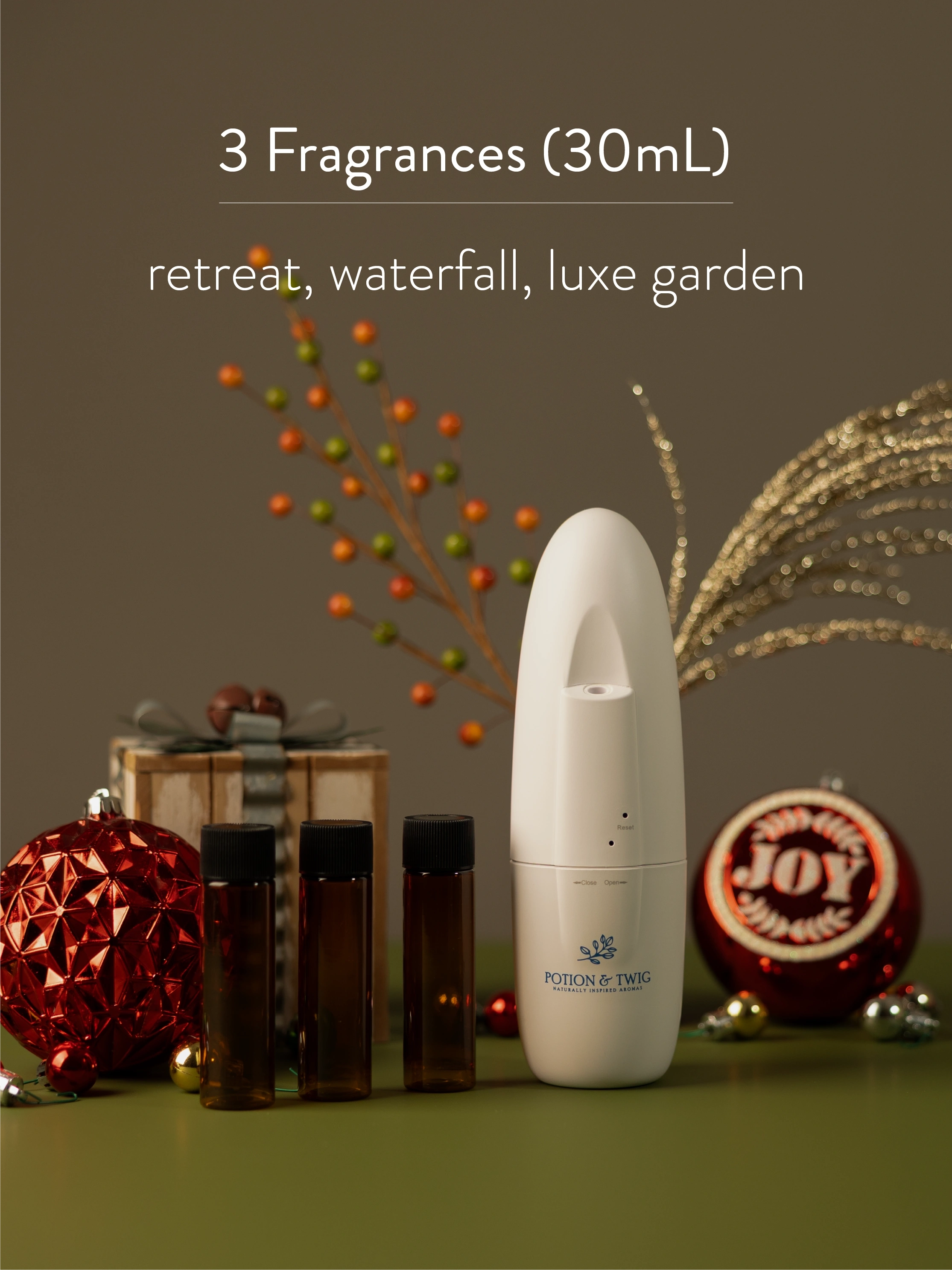 Sienna smart home diffuser with three fragrance bottles labeled 'retreat', 'waterfall', and 'luxe garden' on a decorative background.