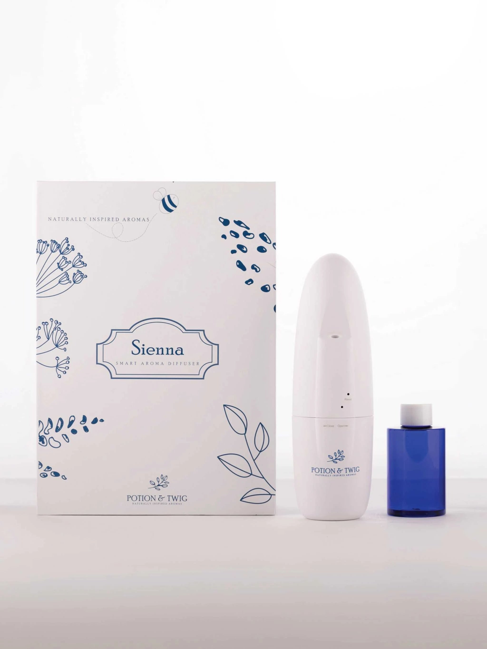 Sienna product packaging with a white bottle and blue container on a white background