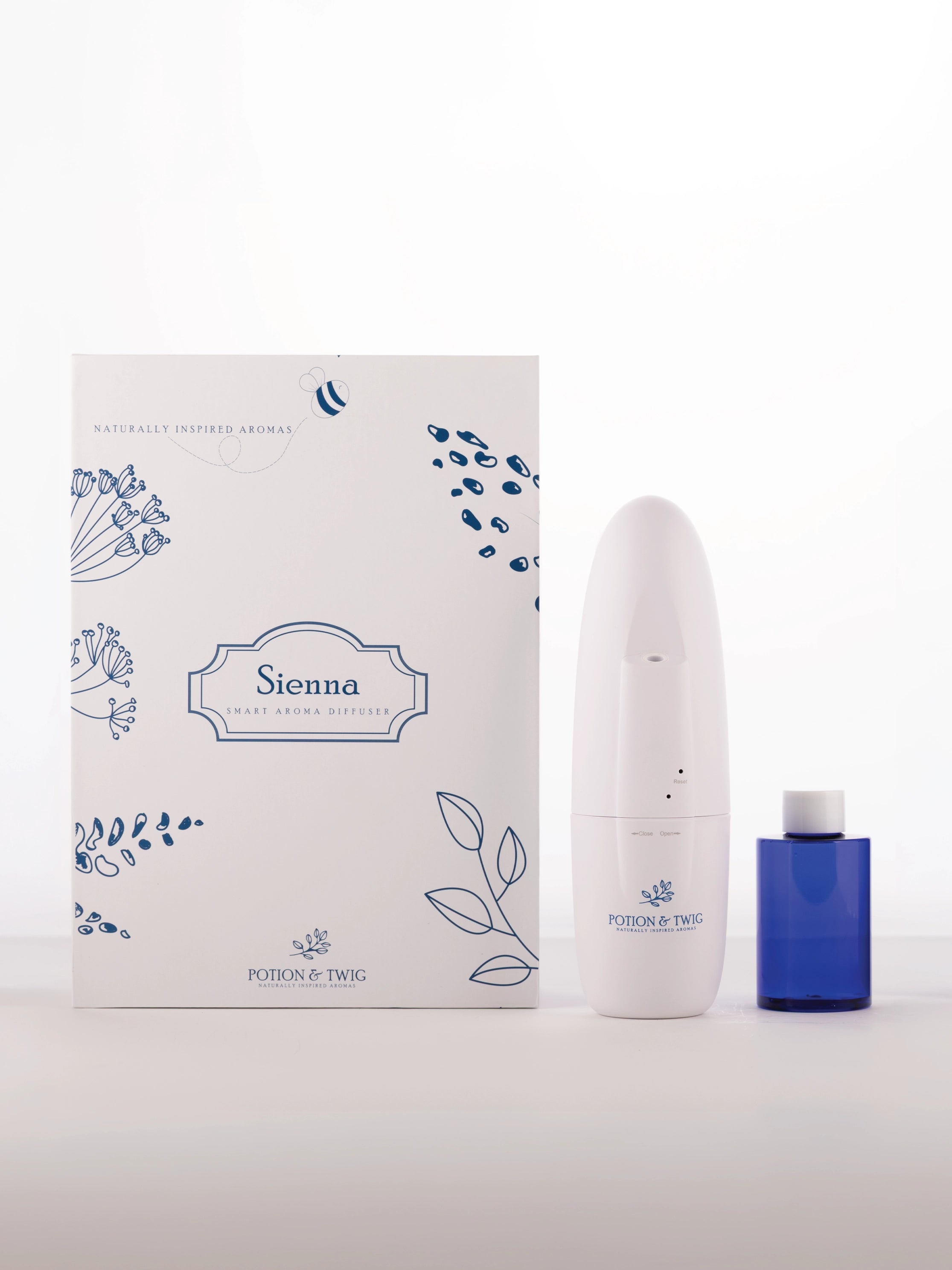 Sienna product packaging with a white bottle and blue container on a white background