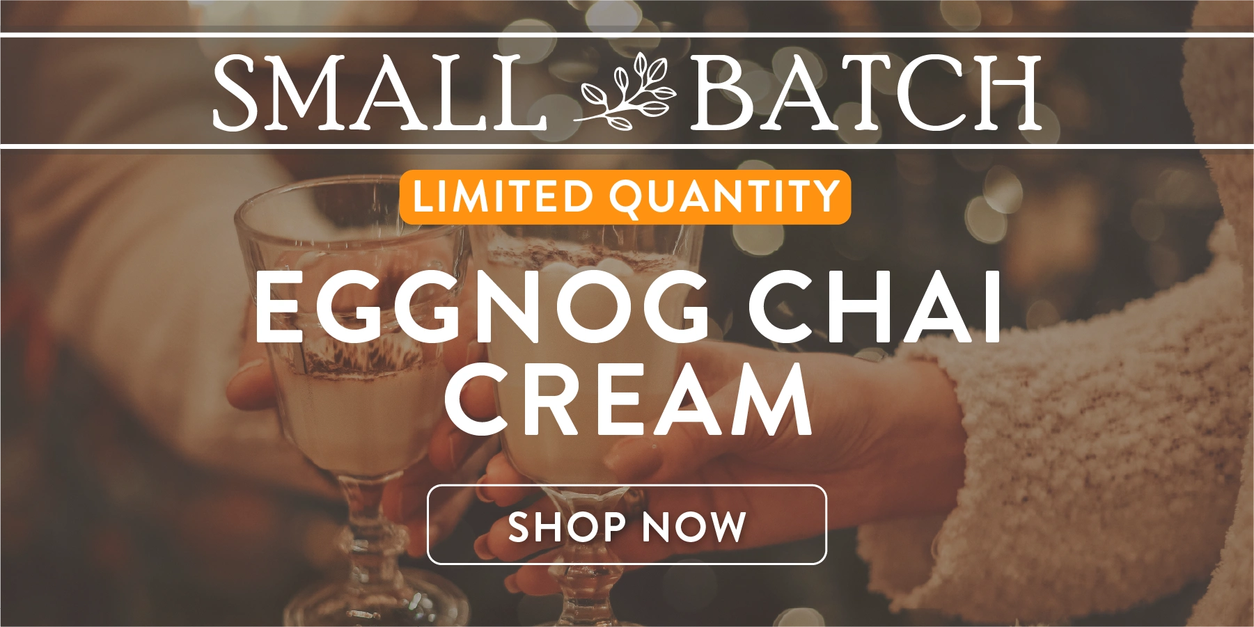 Advertisement for eggnog chai cream small batch diffuser fragrance oil with a blurred background of people enjoying a drink.