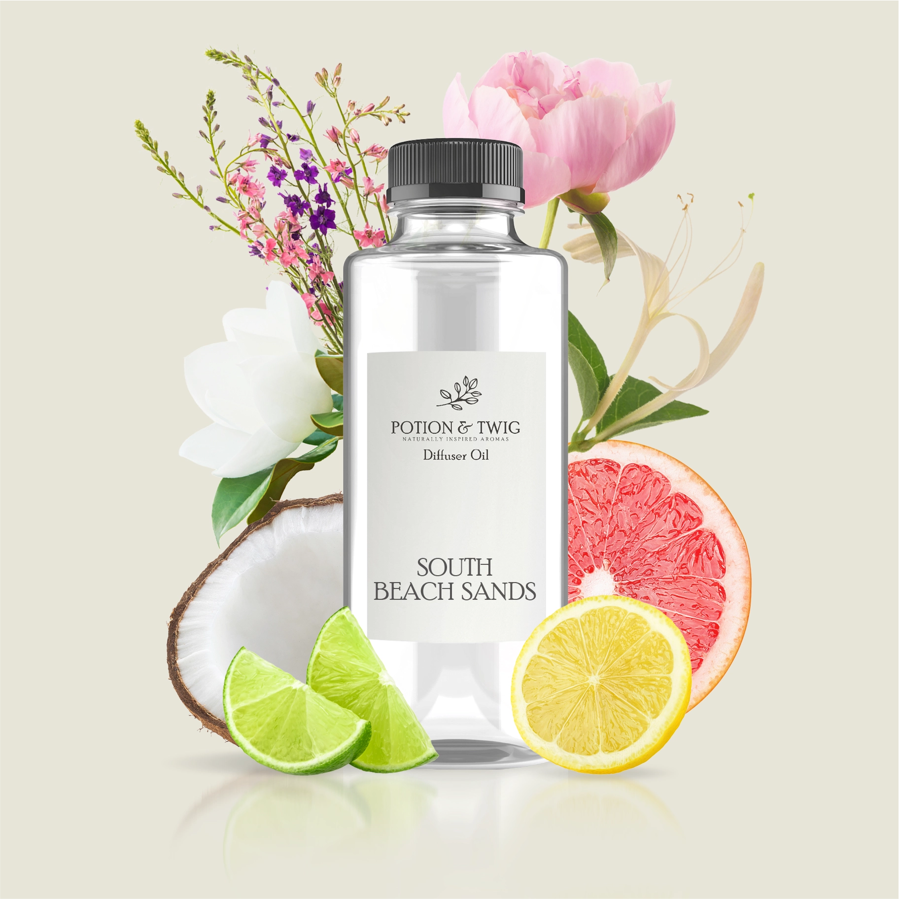 Bottle of Potion & Twig diffuser oil with tropical fruits and flowers on a light background. Label reads South Beach Sands