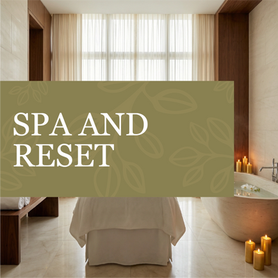 Relaxing spa scene with a bathtub and candles, featuring text 'SPA AND RESET'.