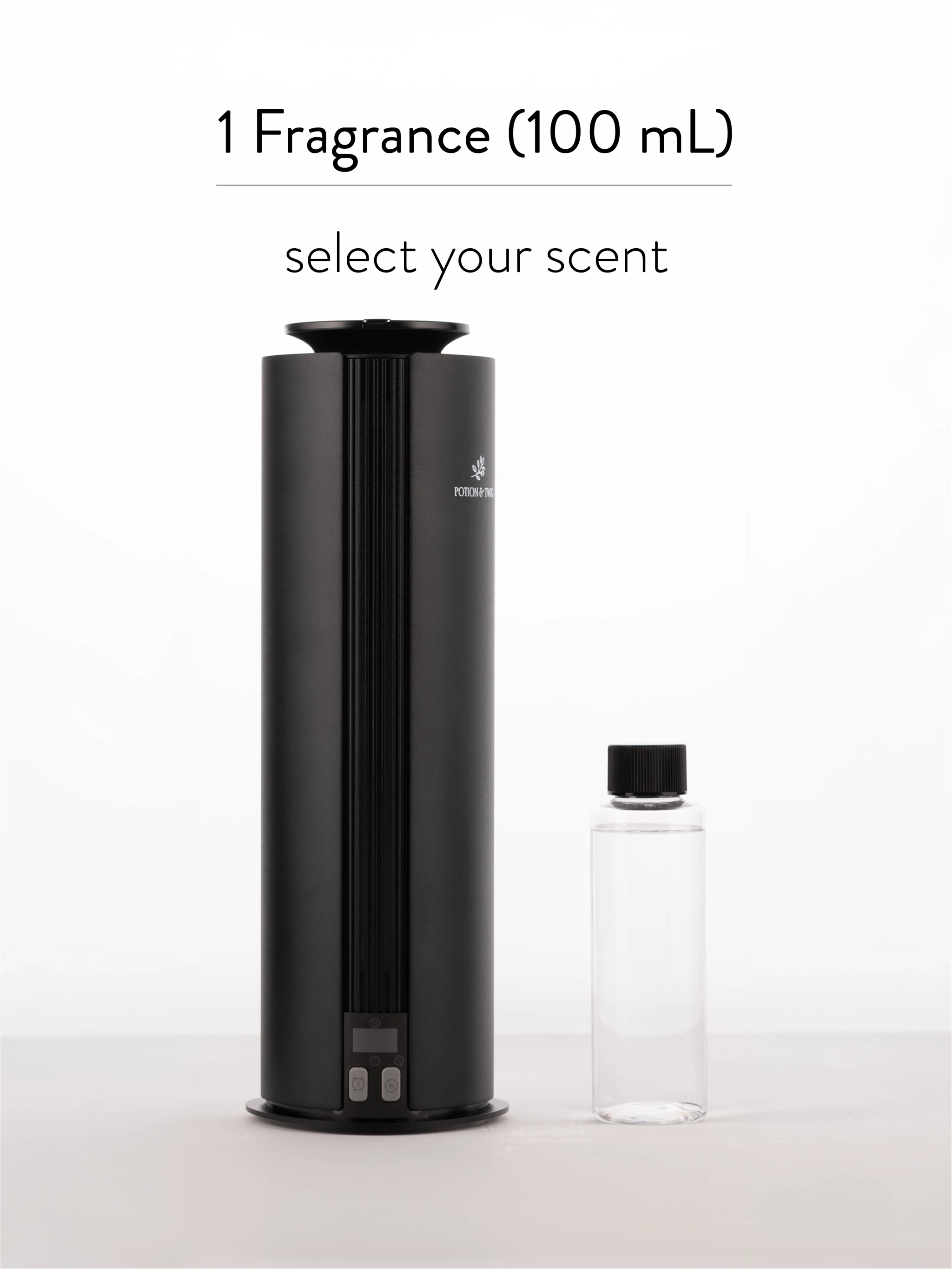 Black fragrance diffuser and clear bottle on a white background