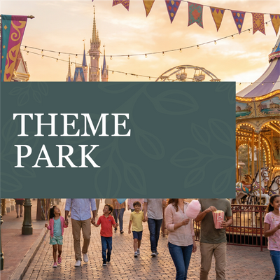 People walking in a theme park with a carousel and castle in the background, featuring the text 'Theme Park'.