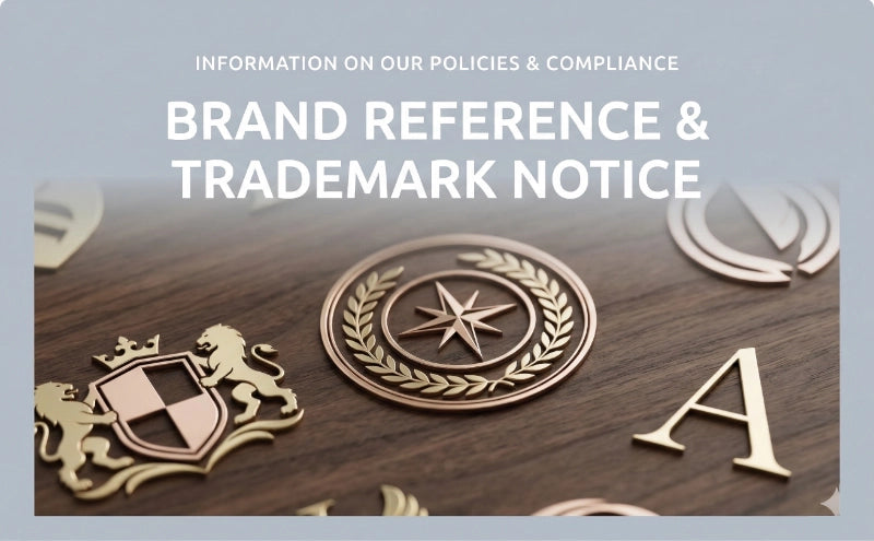 Decorative elements on a wooden surface with text about brand reference and trademark notice.