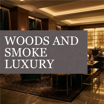 Woods and Smoke Luxury candle collection with rich wood and smoke tones in elegant glass jars