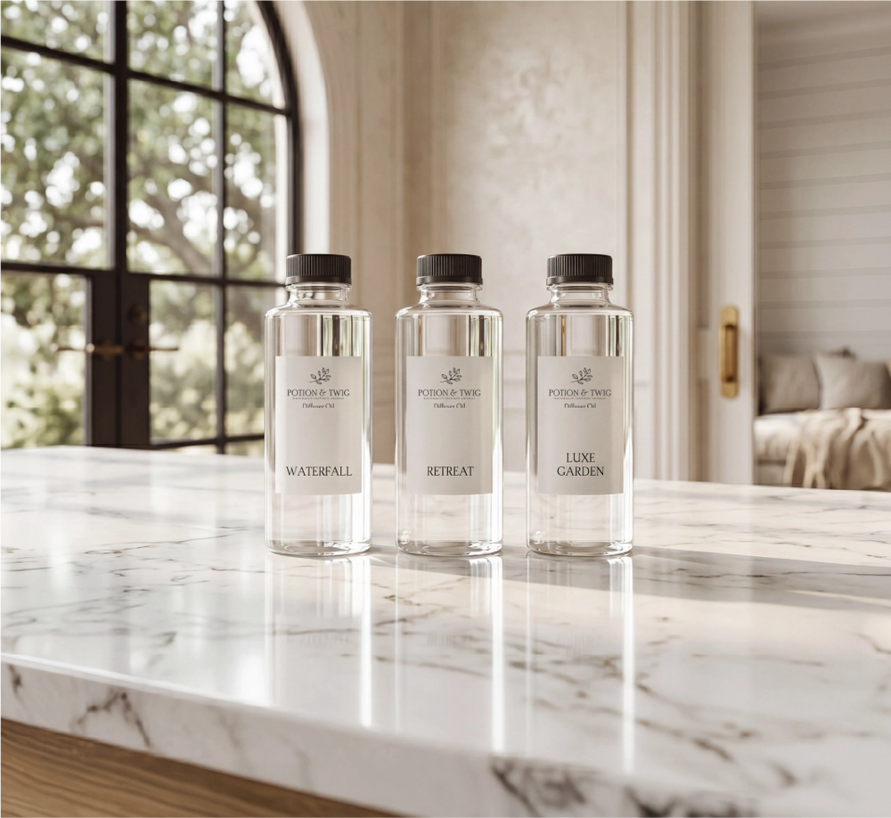 Three bottles of diffuser fragrance oil labeled Waterfall, Retreat, Luxe Gardent on a marble surface with a blurred indoor background.