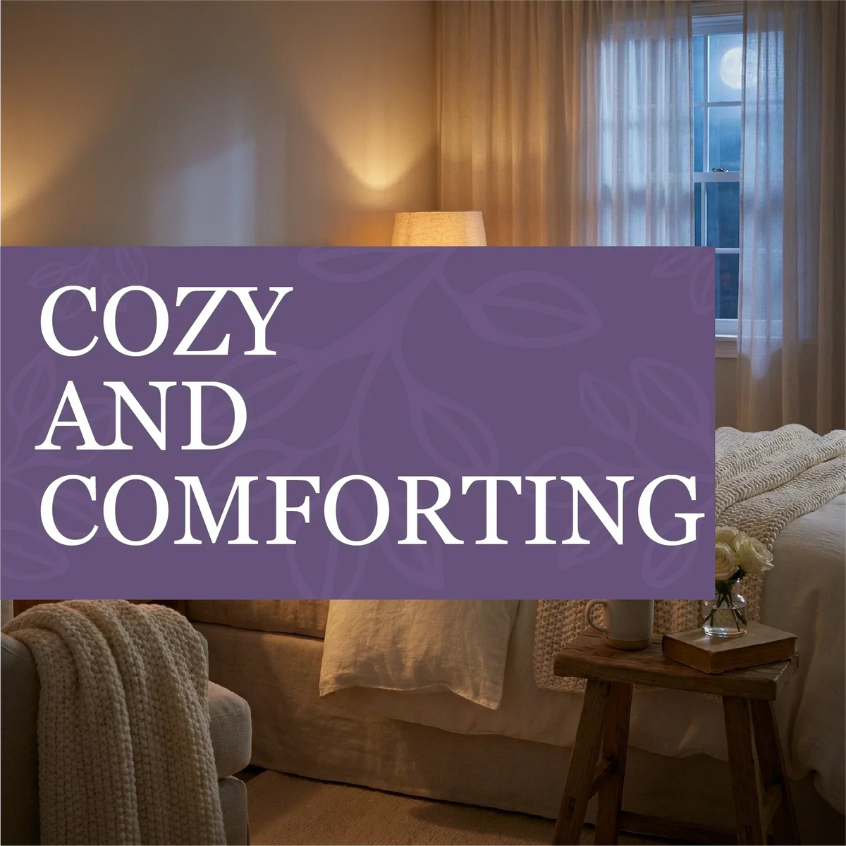 Cozy and Comforting Bundle, a purple patterned banner reading “Cozy and Comforting” over a warm living room