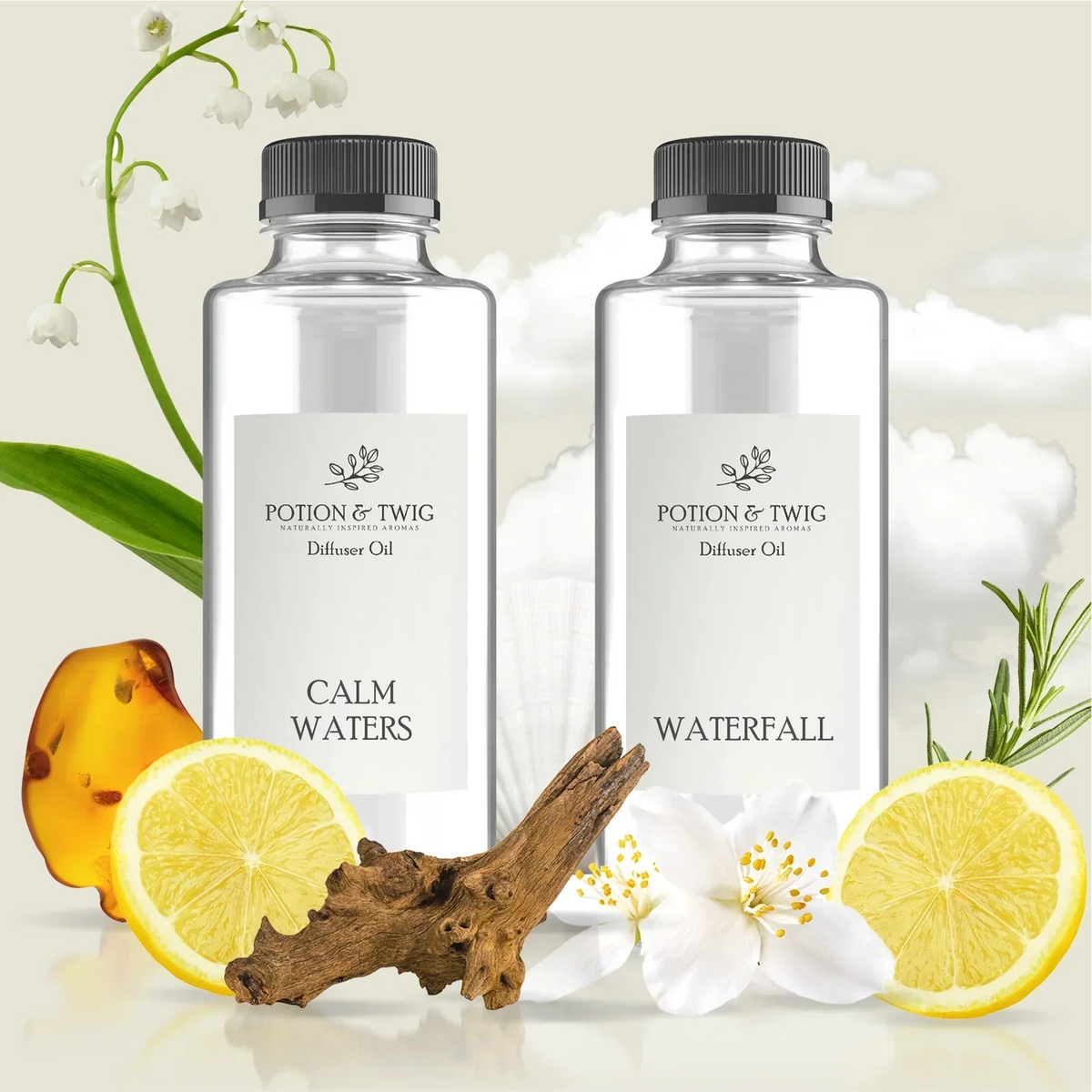 Fresh Escape Bundle featuring two clear diffuser oil bottles labeled Calm Waters and Waterfall, with crisp white labels and charcoal caps
