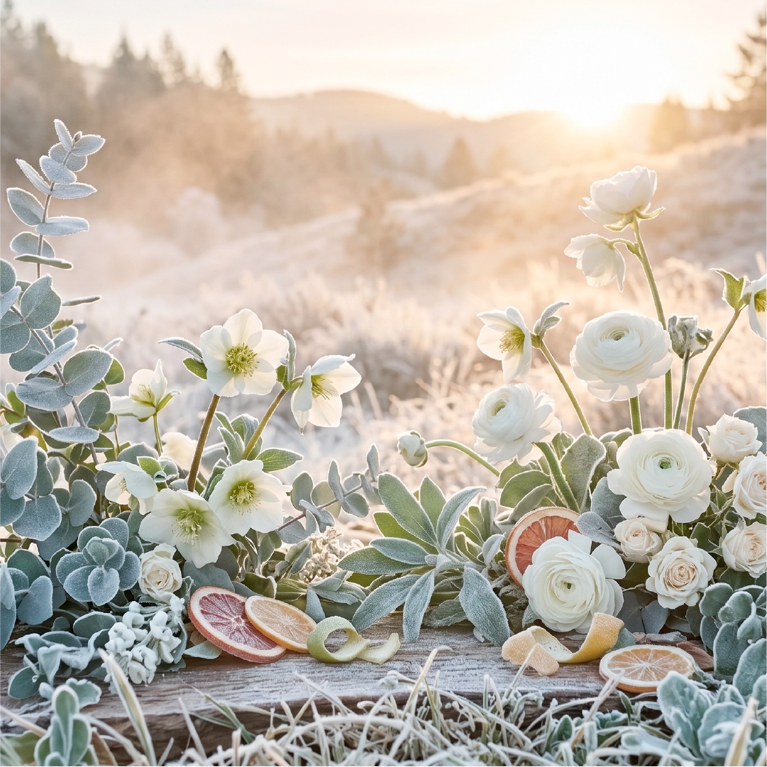Decorative arrangement of white flowers and greenery with citrus slices on a wooden surface, set against a natural background.