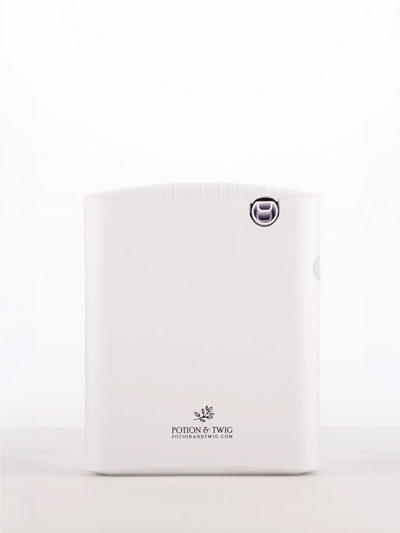 Gallery Diffuser in white with a smooth rectangular body, ribbed top, and small metallic control near the upper edge
