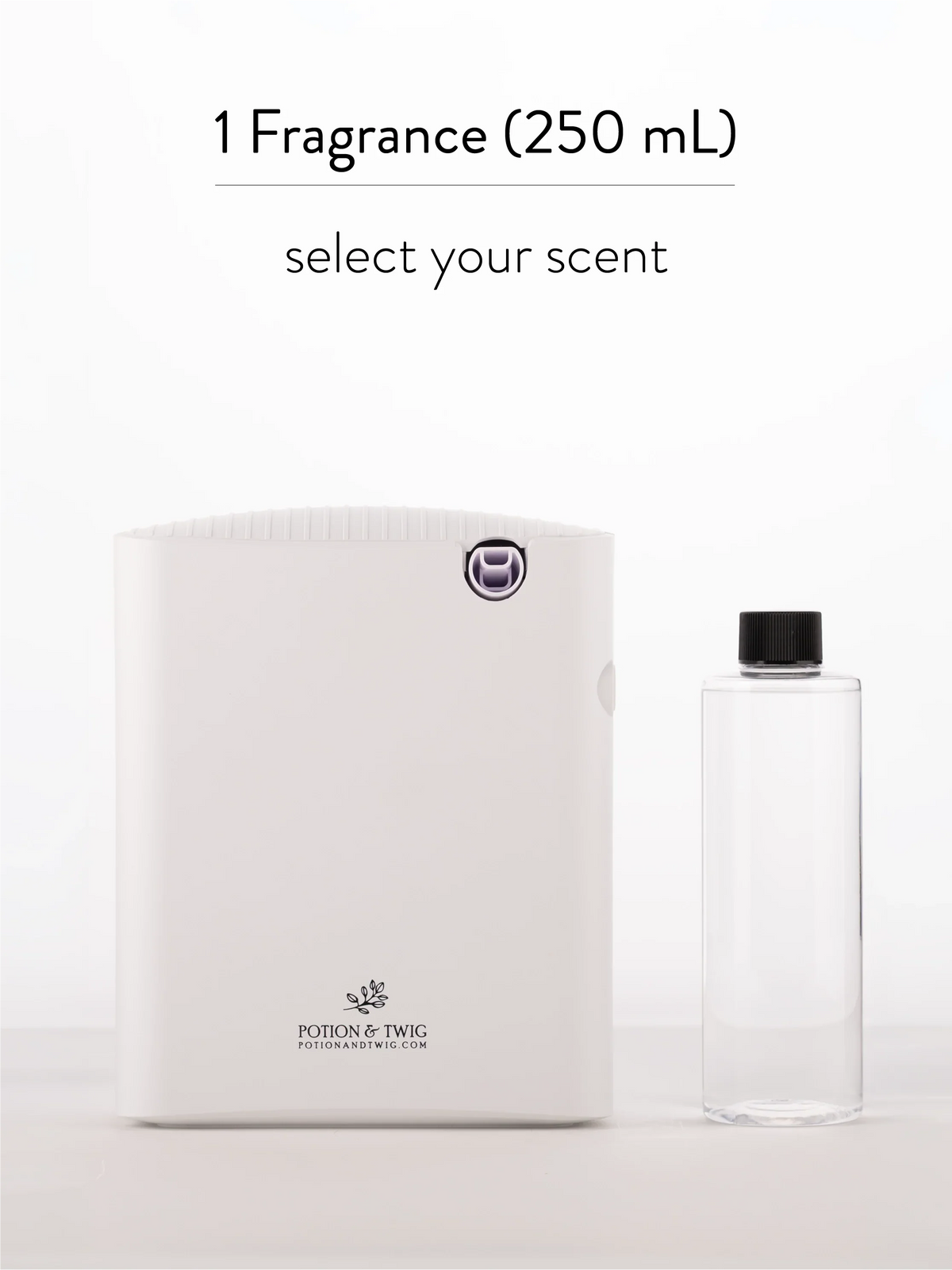Gallery Diffuser gift set with a white rectangular diffuser and clear 250 mL fragrance bottle with black cap