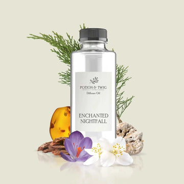 Hotel Lobby Classics diffuser oil in a clear bottle with a black cap, Enchanted Nightfall label, and botanical accents
