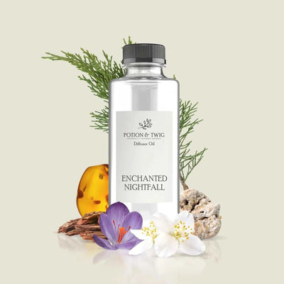 Hotel Lobby Classics diffuser oil in a clear bottle with a black cap, Enchanted Nightfall label, and botanical accents